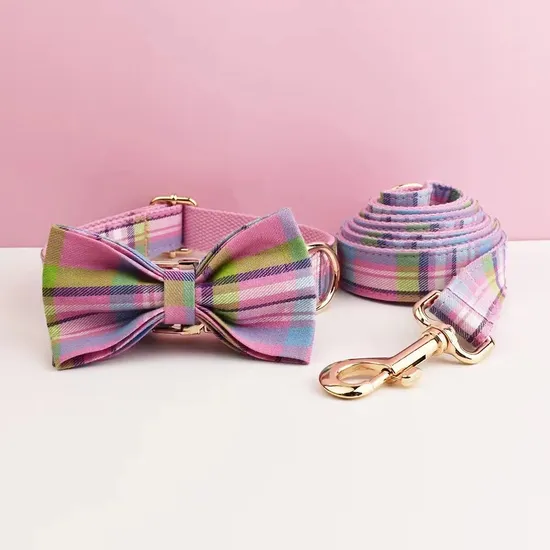 Plaid Dog Collar Leash Set with Bow Tie Adjustable Cute Puppy Collar Leash Harness Bundle 