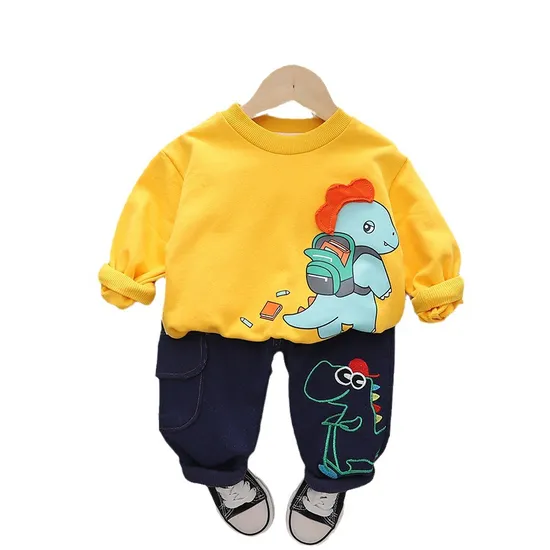 2024 Spring and Autumn Boys Cartoon Animal Printed Round Neck Children′s Suit 