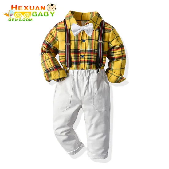 Spring Fall Kids Baby Boy Gentleman Clothes Set Suit Children Boys Bow Tie Plaid Shirt+Suspender Pants Trousers Outfit 