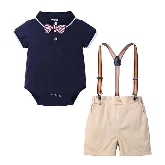 Baby Boys Gentleman Outfit Suits, Infant Boys Short Pants Set, Short Sleeve Romper Shirt+Suspender Pants+Bow Tie Baby Boys Casual Clothe Esg13827 