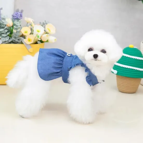 Dog Denim Harness Dress Ruffles Puppy Princess Dress for Small Medium Dog Cat Girls Adjustable Pet Jean Skirt with D