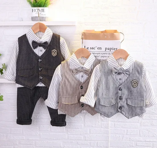 Children Kids Gentleman Clothing Suit Birthday Wedding Party Elegant Set Baby Boy Casual Wear Striped Shirt Vest Pants Costume 