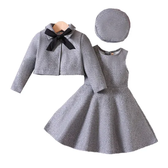 Children′s Clothes Girls Woolen Jacket Vest Skirt Boutique Kids Clothing Sets 