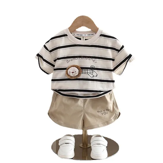 Summer New Boys Horizontal Stripes Cotton Casual Dressy Suit 