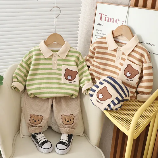 Spring and Fall Boys′ Striped Bear Printed Pocket Suit 
